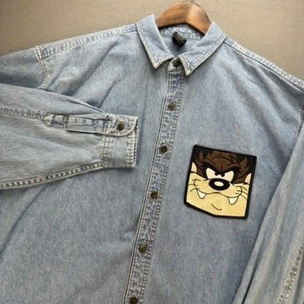VTG Warner Bros Studio Store Looney Tunes Taz Denim Shirt Relaxed XL Taz Patch